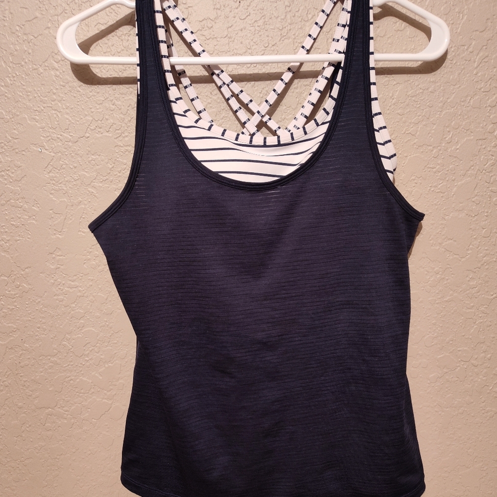 Athleta Workout Navy Tank Built In Striped Bra  Yoga Exercise Size XXS